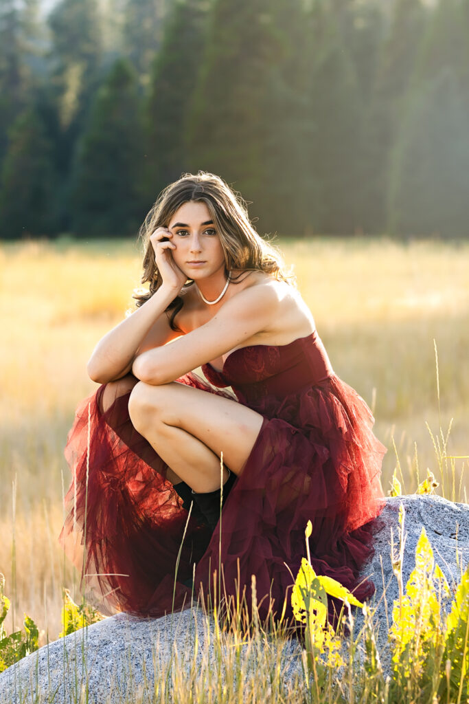 Senior portrait in red dress with golden field behind it Truckee California, Kendra Evans Photography 