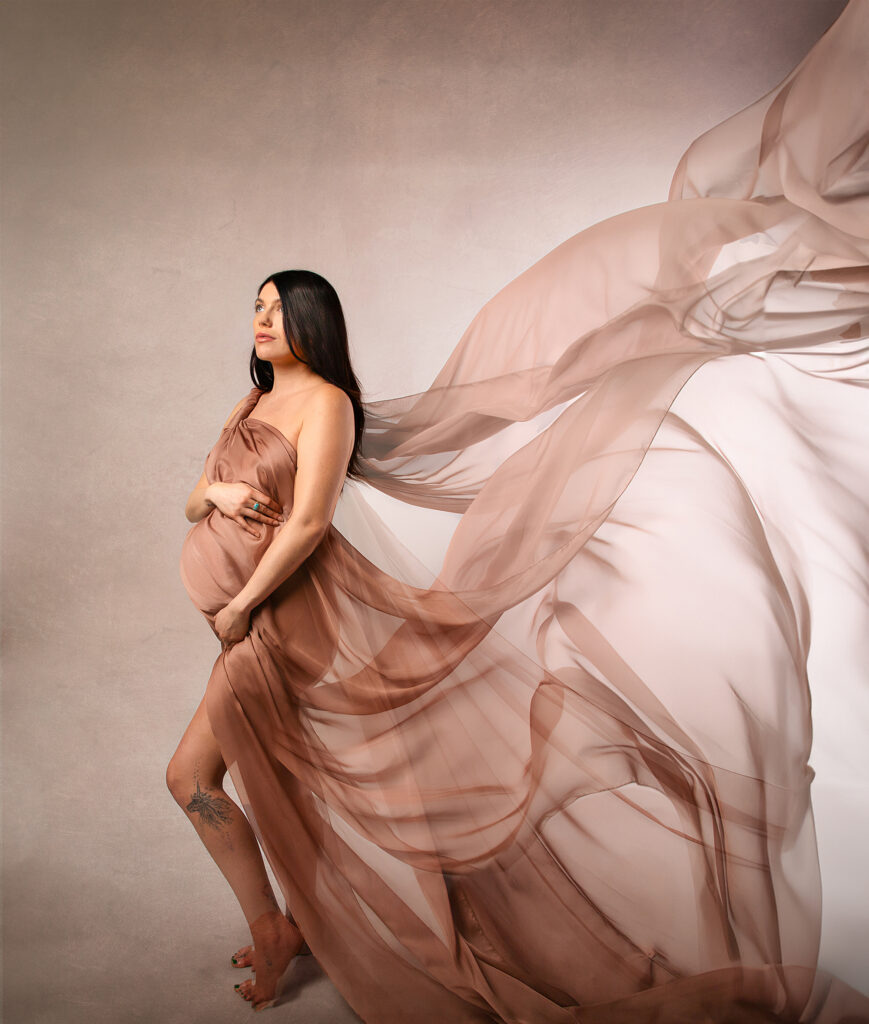 Chiffon draped maternity studio photography Kendra Evans Greater Sacramento Area, Nevada City, CA